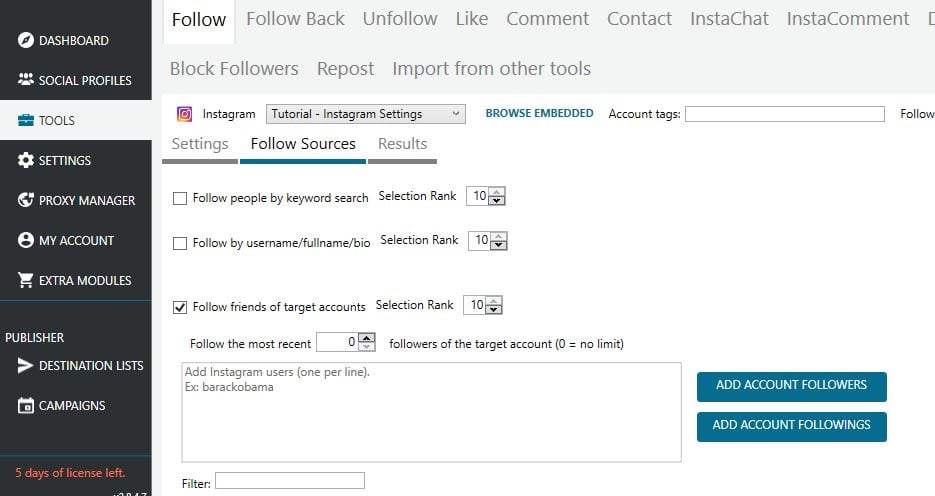 mass planner instagram settings follow sources