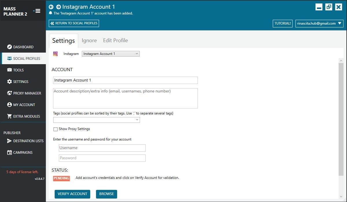 mass planner settings instagram account add