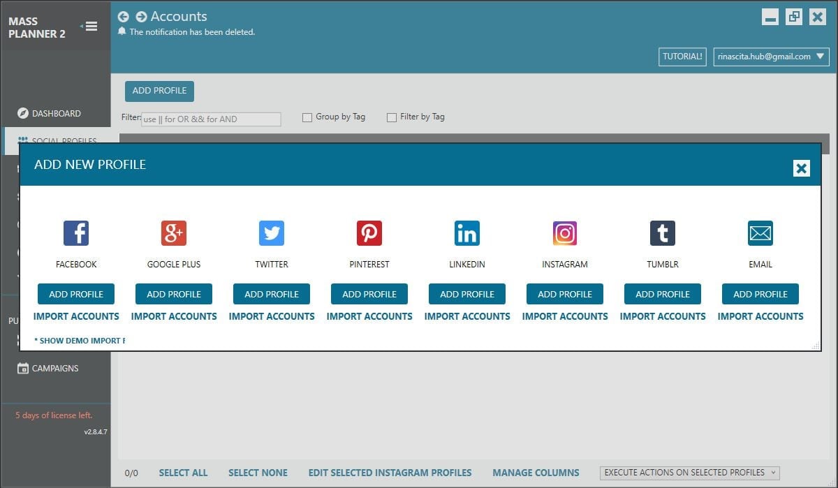 mass planner settings Instagram add profiles