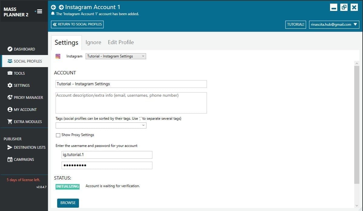 mass planner settings instagram add