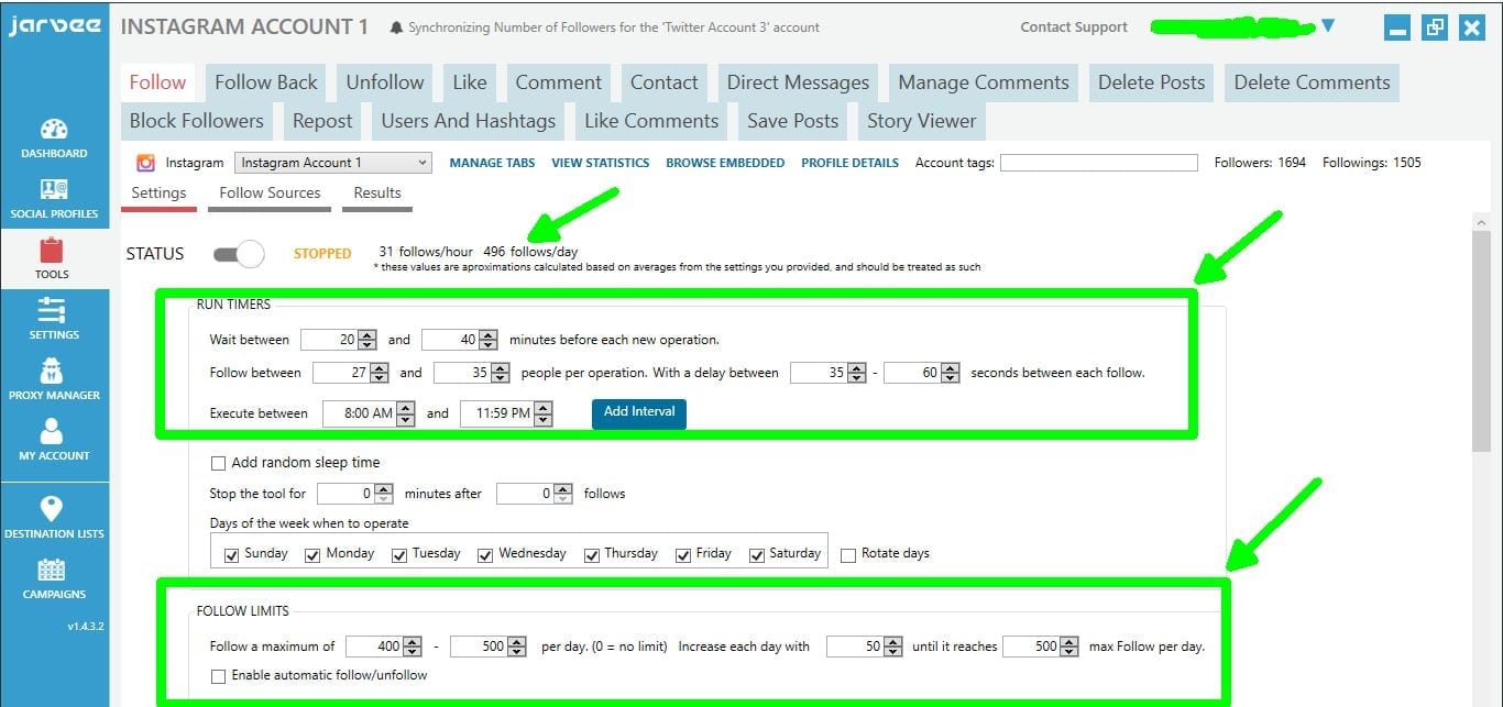 Recommended Instagram follow settings when automating with Jarvee