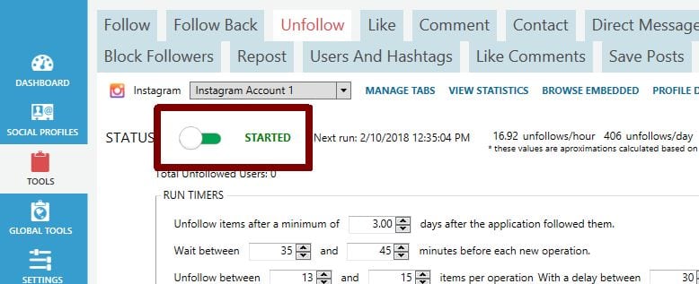 turn unfollow setting on jarvee