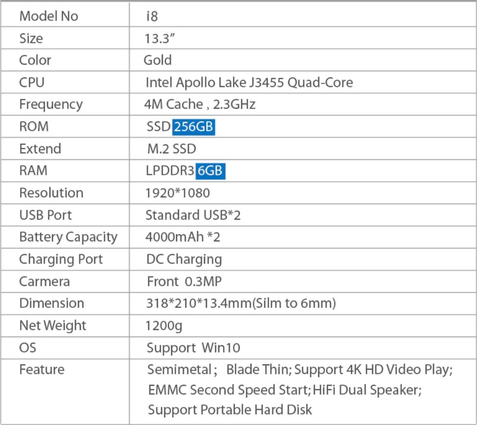 AIWO i8 Notebook specs