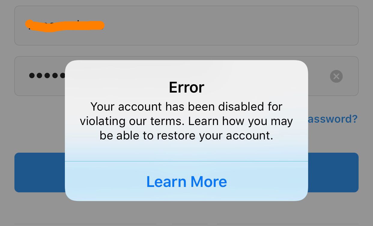 Instagram account disabled