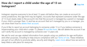 Reporting a child under 13 years on Instagram