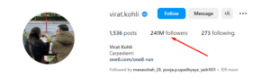 Virat Kohli total Instagram account followers